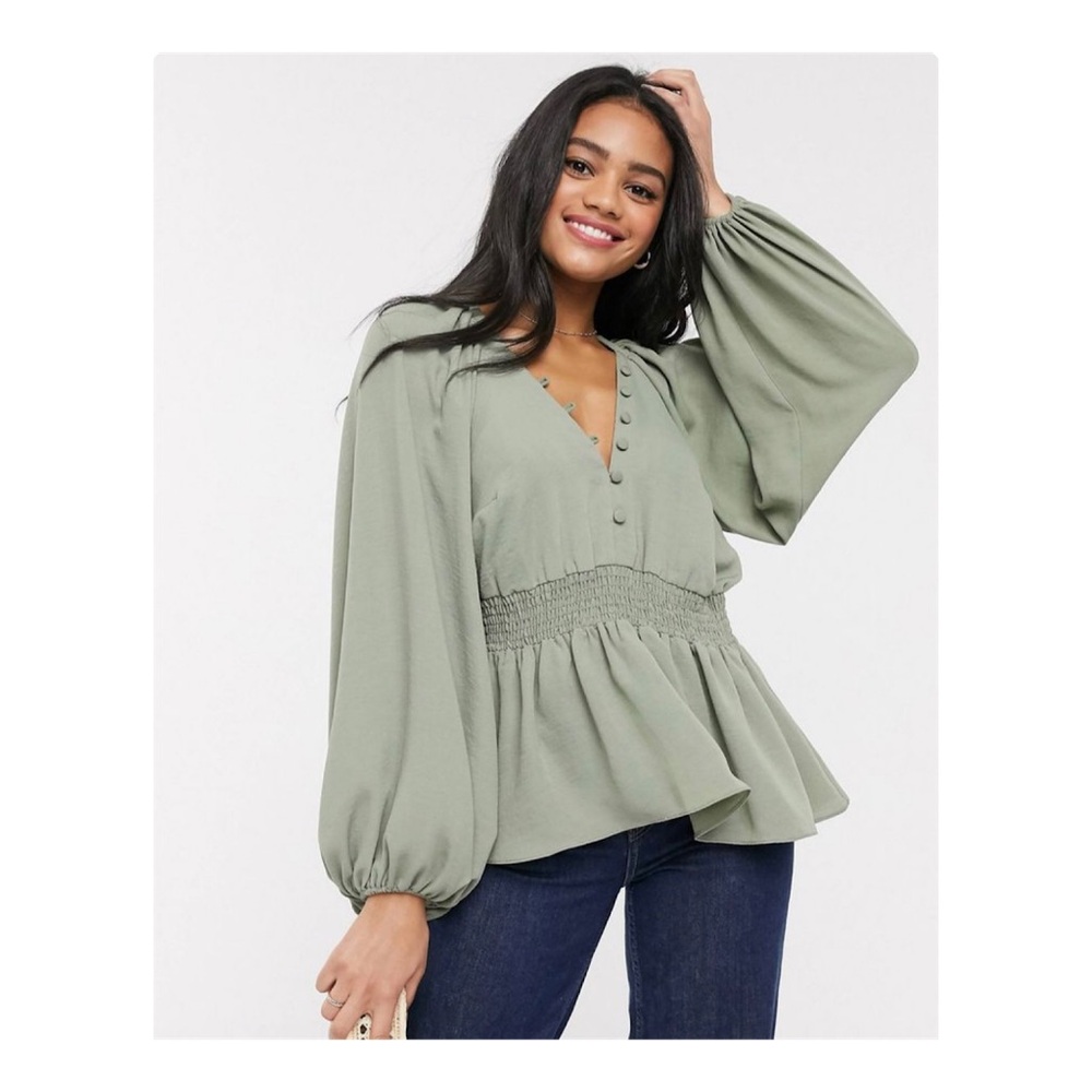 ASOS Design Kimono Sleeve Top w/ Shirred Waist in Khaki Green size 12